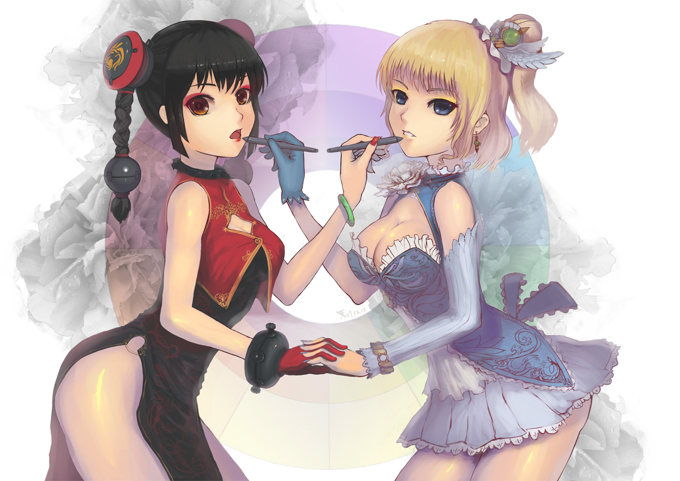 charimei, oekaki musume, original, 2girls, blonde hair, blue eyes, braid, breasts, brown eyes, china dress, chinese clothes, cleavage, detached sleeves, dress, earrings, eyeshadow, fingernails, gloves, holding hands, interlocked fingers, jewelry, large breasts, legs, lipstick, makeup, multiple girls, nail polish, pen, ponytail, purple nails, red hair, red nails, symmetrical hand pose, symmetry, twin braids