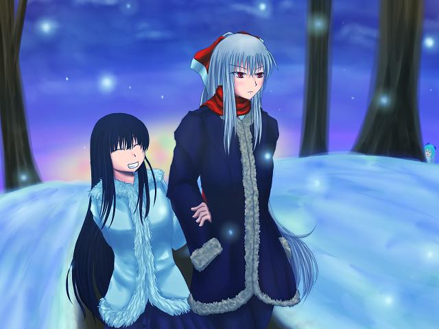 cirno, fujiwara no mokou, houraisan kaguya, touhou, silver hair, artist request, 3girls, black hair, blush, closed eyes, coat, female focus, glowing, grin, hair ribbon, hands in pockets, long hair, multiple girls, night, pants, peeking, red eyes, ribbon, scarf, sky, smile, snow, tree, winter