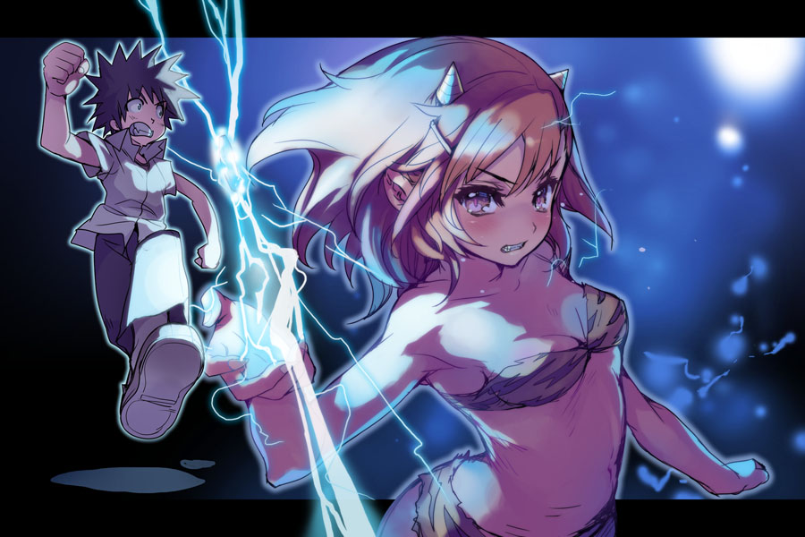 akaga hirotaka, index (toaru majutsu no index), kamijou touma, lum, misaka mikoto, toaru kagaku no railgun, toaru majutsu no index, urusei yatsura, 1boy, 1girl, angry, animal print, armpits, bandeau, bikini, black hair, blush, breasts, cleavage, clenched teeth, cone horns, constricted pupils, cosplay, electricity, electrokinesis, flat chest, fleeing, hair ornament, hairclip, horns, lum (cosplay), medium breasts, oni, orange hair, pink eyes, power connection, retro artstyle, running, short hair, small horns, spiked hair, strapless, swimsuit, teeth, tiger print, trait connection, tube top