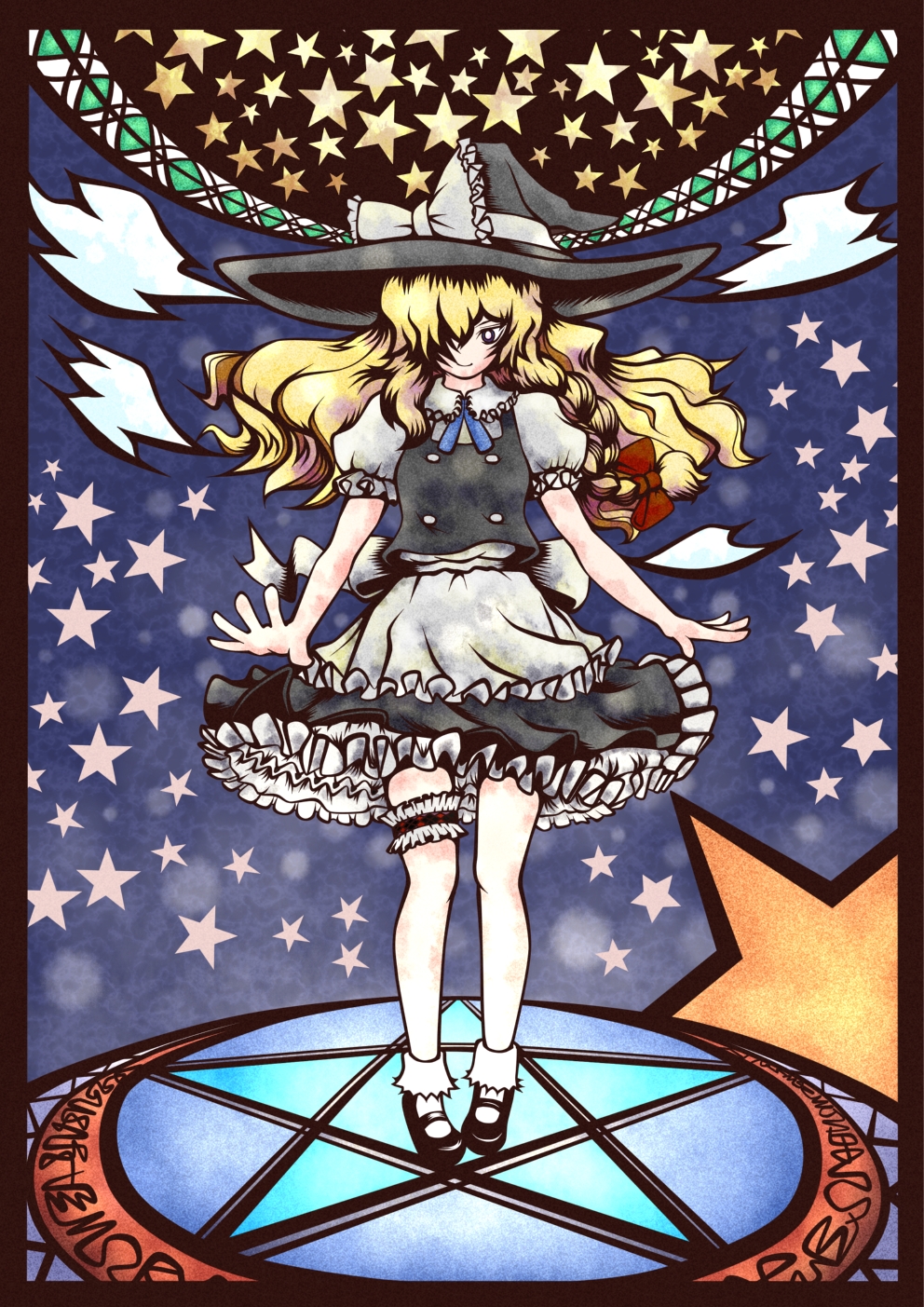 maruhide, kirisame marisa, touhou, bad id, bad pixiv id, highres, 1girl, black shoes, blonde hair, braid, female focus, frilled thigh strap, full body, hair over one eye, hat, long hair, mary janes, pentagram, shoes, socks, solo, star (symbol), thigh strap, white socks, witch, witch hat