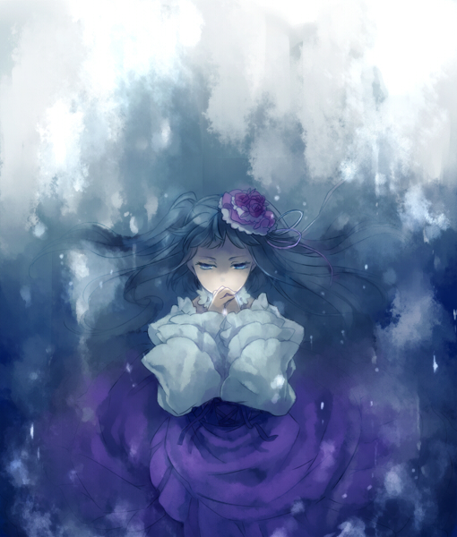 ayko, oono eiko, furudo erika, umineko no naku koro ni, bad id, bad pixiv id, 00s, 1girl, blue eyes, blue hair, dress, female focus, frills, hat, matching hair/eyes, mini hat, mini top hat, solo, top hat, twintails