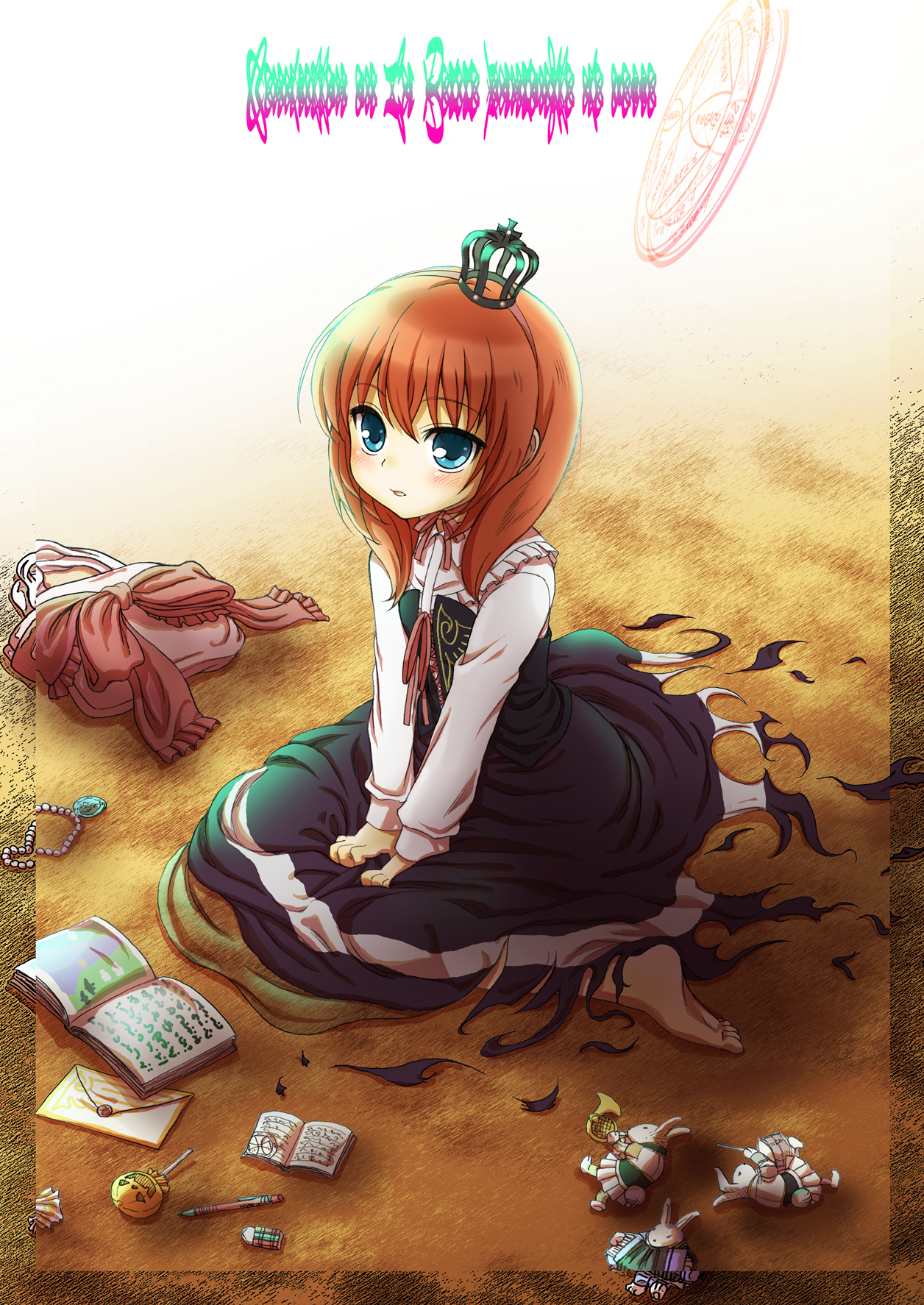 konoe (vis9191), ushiromiya maria, umineko no naku koro ni, highres, 00s, 1girl, bag, barefoot, blue eyes, blush, book, brown hair, candy, crown, dress, female focus, food, full body, jewelry, letter, ribbon, short hair, sitting, solo