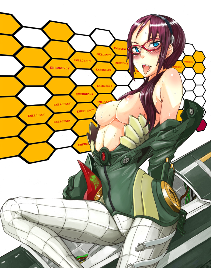 110 gou, makinami mari illustrious, evangelion: 2.0 you can (not) advance, neon genesis evangelion, rebuild of evangelion, bad id, bad pixiv id, 00s, 1girl, artistic error, blue eyes, blush, breasts, brown hair, cleavage, entry plug, female focus, glasses, headband, large breasts, mecha pilot suit, nipples, plugsuit (evangelion), skin tight, solo, sweat, tongue