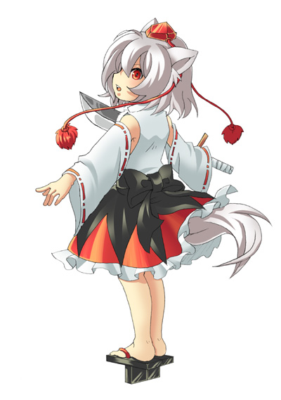 mi (saba-saba), inubashiri momiji, touhou, silver hair, bad id, bad pixiv id, 1girl, animal ears, detached sleeves, female focus, full body, geta, hat, no socks, red eyes, ribbon, short hair, solo, standing, sword, tail, tengu-geta, tokin hat, weapon, wolf ears, wolf tail