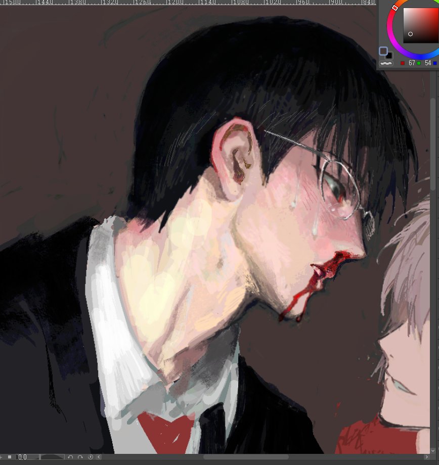 hajime (everyday host), everyday host, unfinished, 1boy, 1other, adam's apple, art program in frame, black eyes, black hair, black jacket, blood, blood on mouth, blush, brown background, collared shirt, ear blush, from side, glasses, grey hair, grin, jacket, looking at another, looking down, male focus, neck blush, necktie, nosebleed, pale skin, parted lips, portrait, ppssyhys, profile, red necktie, round eyewear, shirt, short hair, slouching, smile, solo focus, suit jacket, sweat, very short hair, white shirt, wispy bangs