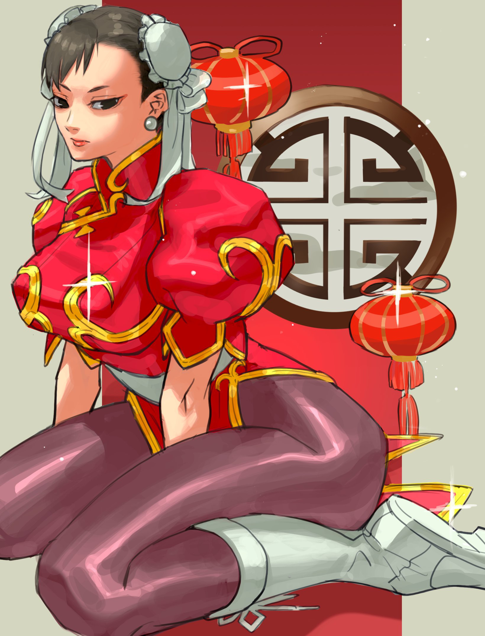 hei taiyou, chun-li, capcom, street fighter, commentary request, highres, 1girl, alternate color, black eyes, boots, breasts, brown hair, bun cover, china dress, chinese clothes, double bun, dress, earrings, gold trim, hair bun, jewelry, lantern, large breasts, pantyhose, paper lantern, pearl earrings, puffy short sleeves, puffy sleeves, red dress, red lips, ribbon, short eyebrows, short hair, short sleeves, sitting, solo, thighs, white boots, white ribbon
