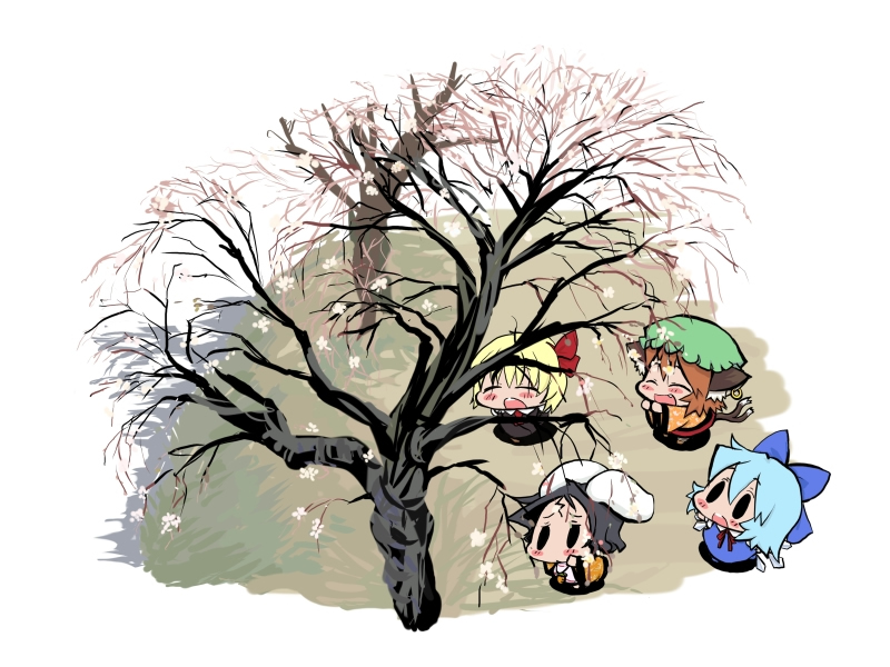 baku taso, chen, cirno, inaba tewi, rumia, shoot the bullet, touhou, 4girls, :o, ^ ^, animal ears, black eyes, black hair, blonde hair, blue bow, blue dress, blue hair, blush, bow, brown hair, carrot necklace, cat ears, cat tail, chibi, closed eyes, dress, earrings, fang, flower, hair between eyes, hair bow, hanten (clothes), hat, ice, ice wings, japanese clothes, jewelry, looking up, multiple girls, neck ribbon, necklace, outdoors, rabbit ears, reaching, red bow, red eyes, red ribbon, ribbon, ring, short hair, standing, tail, tree, under tree, wings