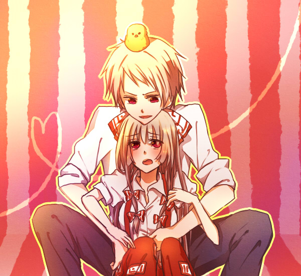 kurosujuu, fujiwara no mokou, prussia (hetalia), axis powers hetalia, touhou, bad id, bad pixiv id, 00s, 1boy, 1girl, couple, crossover, hair ribbon, hetero, red eyes, ribbon, white hair