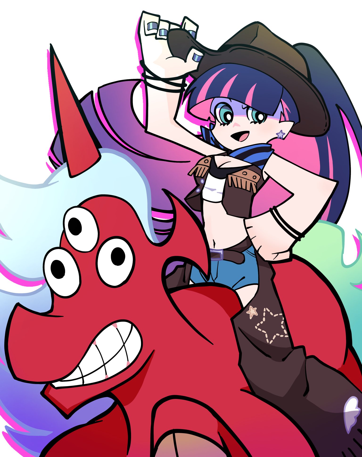 cgtqrgttj927489, kneesocks (psg), scanty (psg), stocking (psg), panty & stocking with garterbelt, commentary request, highres, 1girl, armpit crease, armpits, belt, blue eyes, blue hair, blunt bangs, breasts, cleavage, colored inner hair, colored skin, cowboy hat, cowboy western, demon, demon horns, earrings, gothic lolita, hat, horns, horse, jewelry, large breasts, lolita fashion, long hair, midriff, multicolored hair, multiple girls, navel, official alternate costume, official style, open mouth, pink hair, purple hair, red skin, short sleeves, shorts, simple background, single horn, two-tone hair, white background