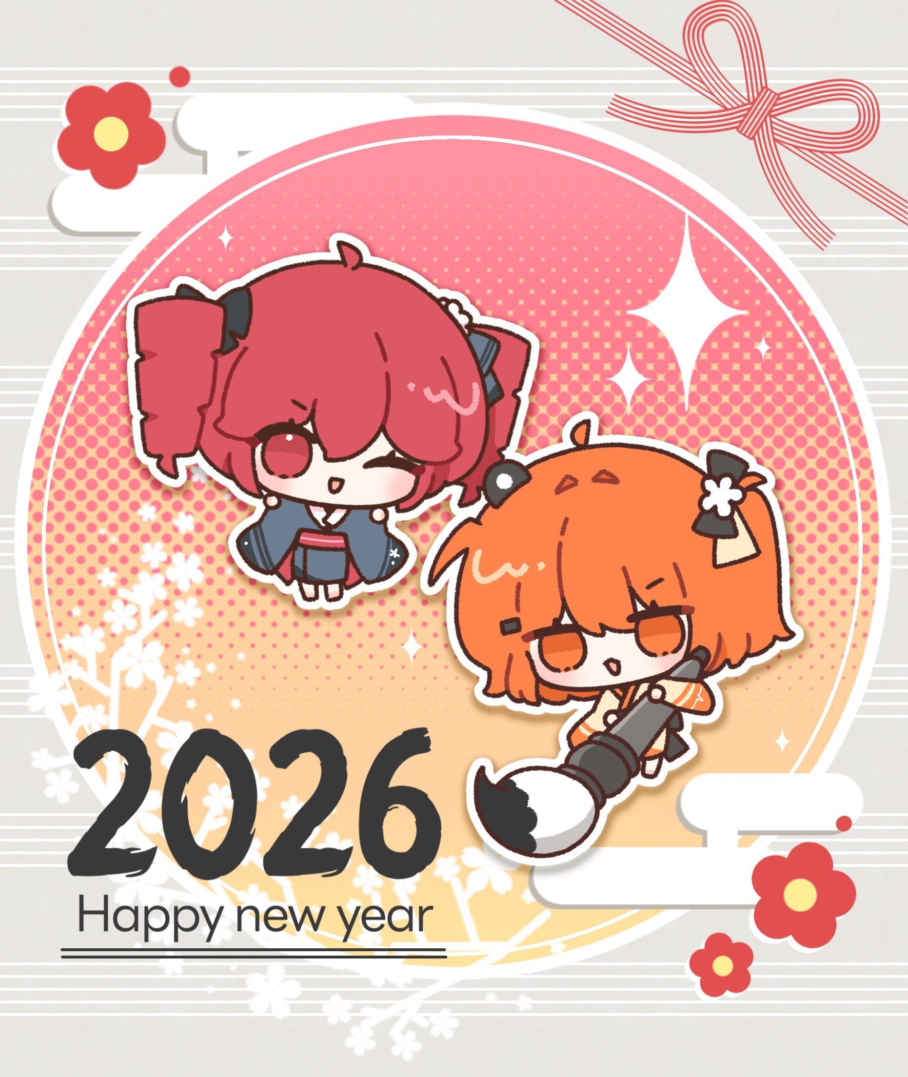 mei (meiday mise), adachi rei, kasane teto, a.i. voice, utau, commentary request, highres, 2026, 2girls, alternate costume, chibi, chibi only, drill hair, flower, grey kimono, happy new year, holding, holding paintbrush, japanese clothes, kimono, long sleeves, medium hair, multiple girls, new year, obi, one eye closed, open mouth, orange eyes, orange hair, outline, paintbrush, red eyes, red flower, red hair, sash, smile, twin drills, white outline, white sleeves