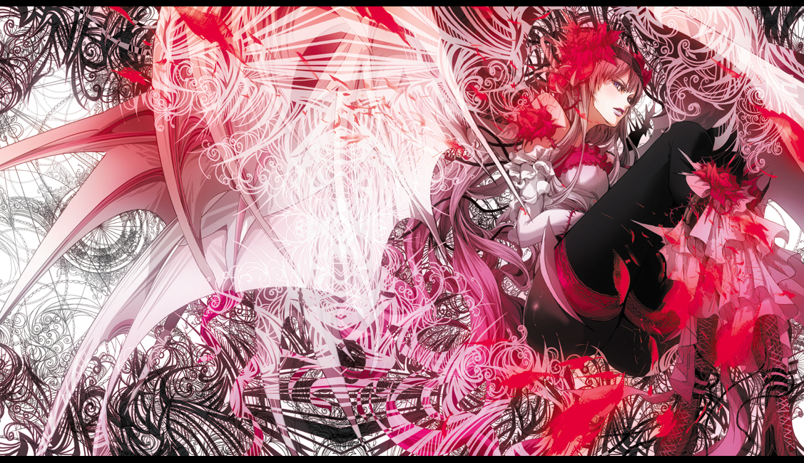 tanupo, original, 1girl, blue eyes, colorful, female focus, flower, hair ribbon, hairband, long hair, pantyhose, pink hair, ribbon, solo, thorns, very long hair, wings