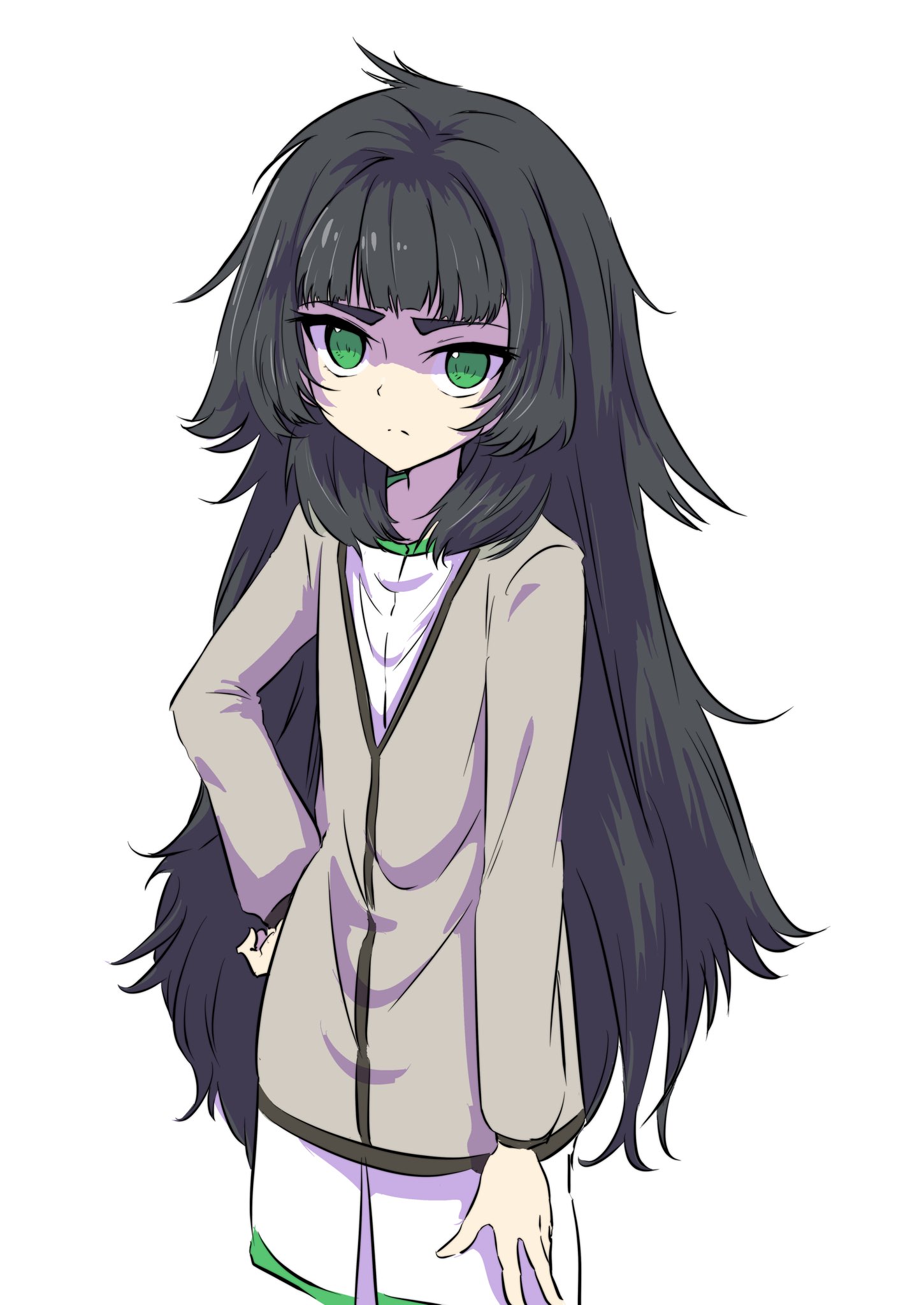 sadarann, hiyajou maho, science adventure, steins;gate, steins;gate 0, commentary request, highres, 1girl, blunt bangs, blush, closed mouth, cowboy shot, green eyes, green hair, green trim, hand on own hip, jacket over dress, long hair, long sleeves, looking at viewer, messy hair, simple background, solo, standing, very long hair, white background