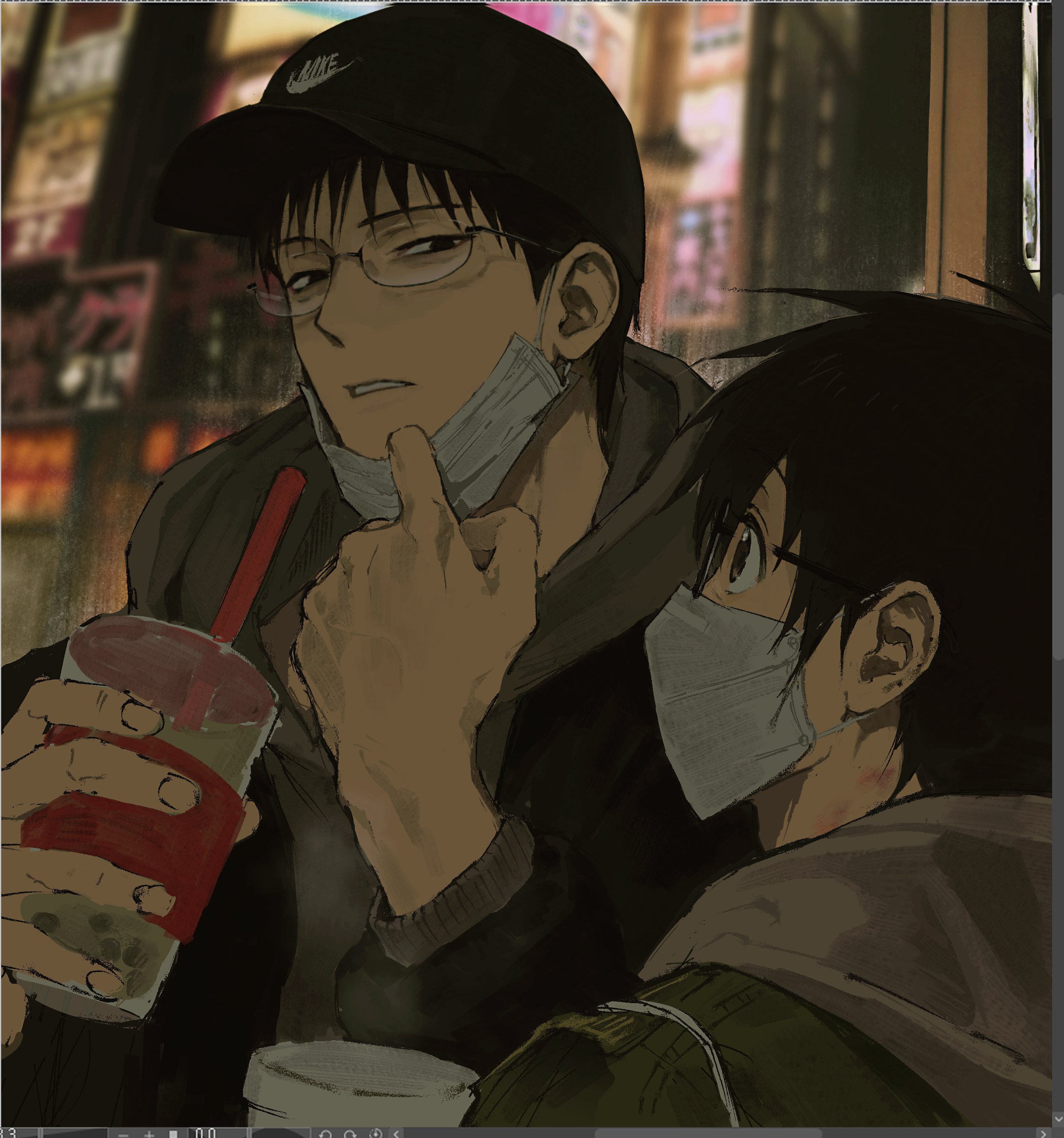 hajime (everyday host), kouichi (everyday host), everyday host, nike (company), absurdres, commentary request, highres, korean commentary, 2boys, alternate costume, baseball cap, black eyes, black hair, black hat, black jacket, brown eyes, bubble tea, building, city, cup, disposable cup, expressionless, eye contact, fake scrollbar, fingernails, from side, glasses, green jacket, grey hoodie, hat, height difference, hickey, holding, holding cup, hood, hood down, hoodie, implied yaoi, jacket, jacket over hoodie, looking at another, male focus, mask, mask pull, mature eyes, mouth mask, multiple boys, narrowed eyes, night, official alternate hair color, outdoors, parted lips, piercing hole, portrait, ppssyhys, round eyewear, short hair, sideways glance, sign, steam, surgical mask, veins, veiny hands, wispy bangs