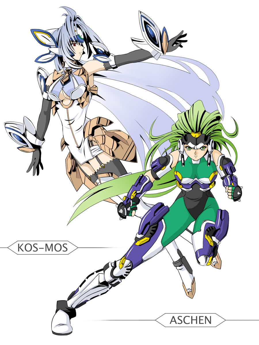 ralsaz, aschen brodel, kos-mos, kos-mos ver. 4, banpresto, super robot wars, super robot wars og saga mugen no frontier, xenosaga, xenosaga episode iii, highres, 00s, 2girls, android, blue hair, boots, breasts, fighting stance, garter belt, garter straps, green eyes, green hair, large breasts, long hair, multiple girls, red eyes, simple background, thigh boots, thighhighs, very long hair