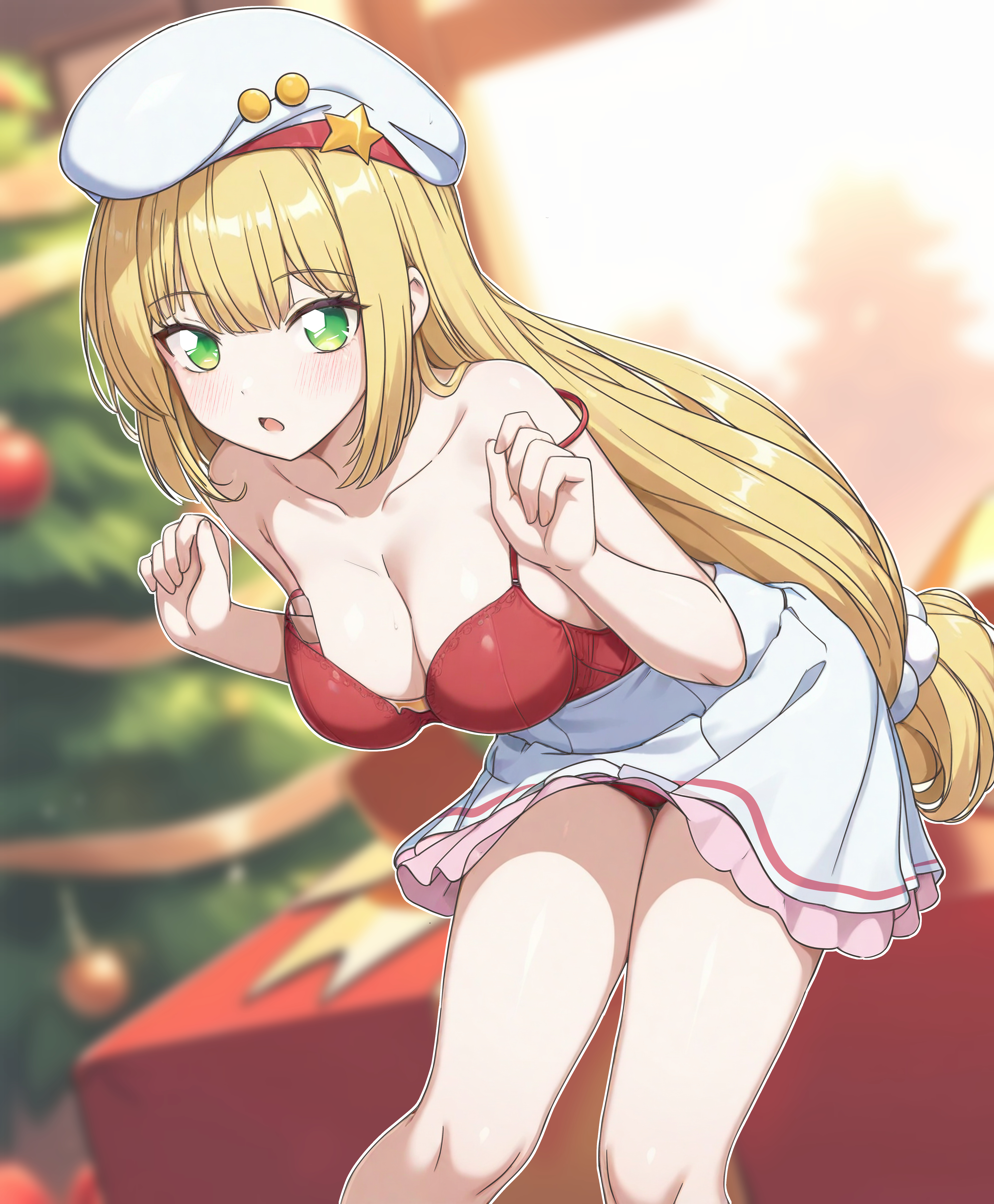 cocorosot, lillie (holiday 2024) (pokemon), lillie (pokemon), nintendo, pokemon, pokemon masters ex, absurdres, commentary request, highres, 1girl, :o, blonde hair, blurry, blurry background, breasts, christmas, christmas tree, cleavage, collarbone, green eyes, hands up, hat, leaning forward, long hair, looking at viewer, low-tied long hair, medium breasts, miniskirt, official alternate costume, one-piece swimsuit, red one-piece swimsuit, skirt, solo, strap slip, swimsuit, swimsuit under clothes, thighs, very long hair, white hat, white skirt