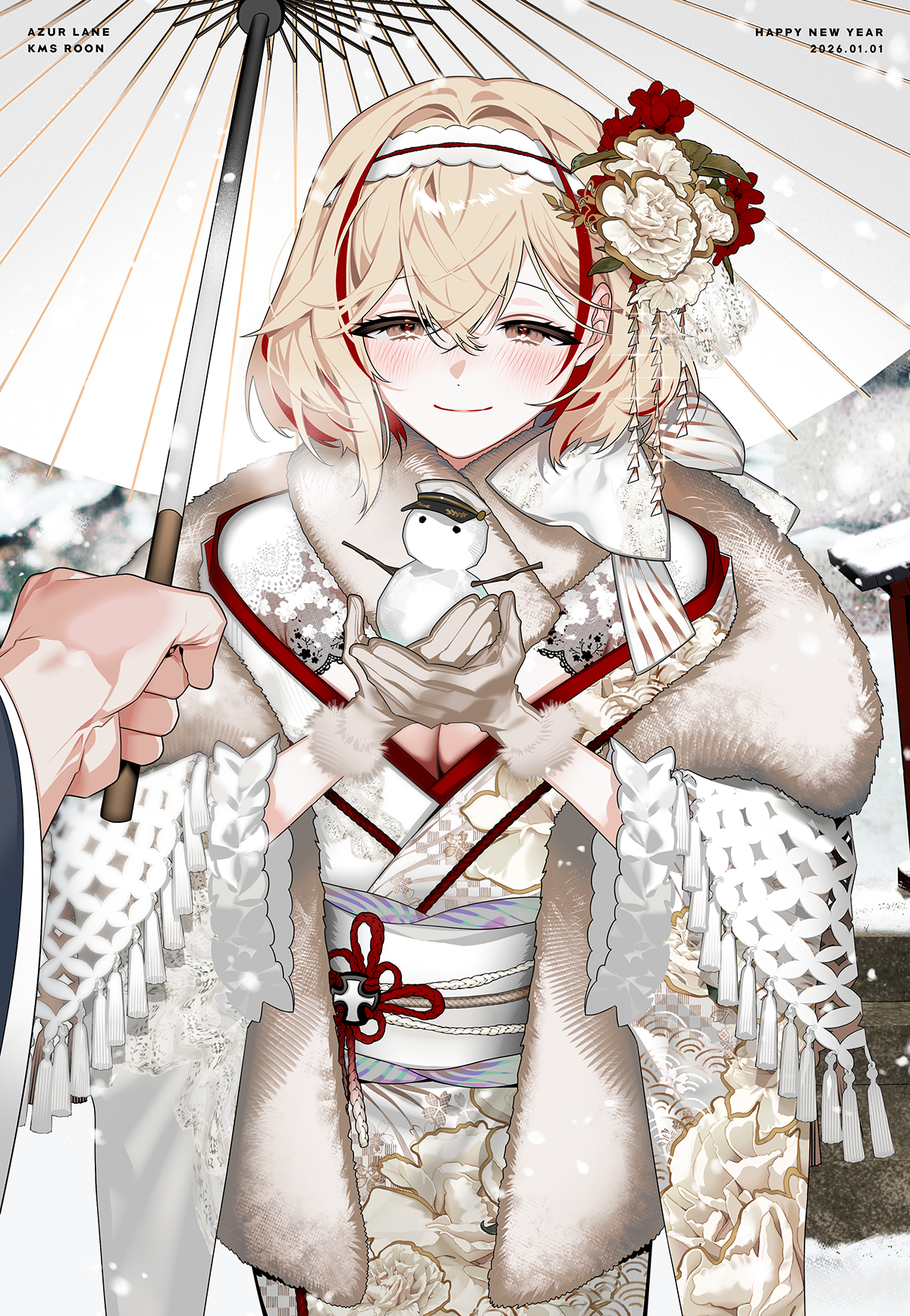 mzet, commander (azur lane), roon (azur lane), azur lane, commentary request, highres, 1girl, breasts, brown eyes, brown gloves, cleavage, flower, fur-trimmed kimono, fur trim, furisode, gloves, hair flower, hair ornament, japanese clothes, kimono, multicolored hair, obi, oil-paper umbrella, outdoors, sash, short hair, snow, snowing, streaked hair, umbrella, white kimono