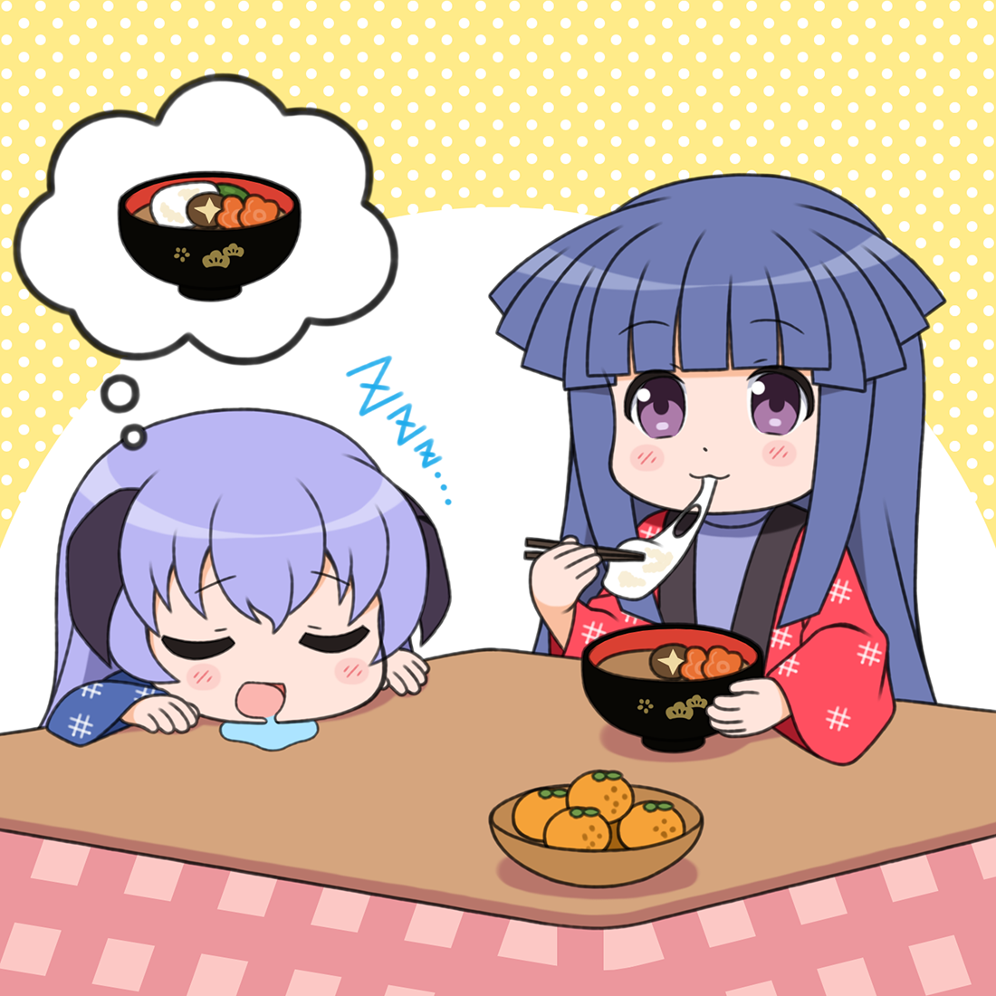 gaou (babel), furude rika, hanyuu, higurashi no naku koro ni, commentary request, 2girls, :3, :d, blue hair, blush stickers, bowl, chibi, chopsticks, closed eyes, closed mouth, drooling, eating, food, fruit, holding, holding chopsticks, horns, kotatsu, long hair, long sleeves, mandarin orange, multiple girls, open mouth, purple eyes, purple hair, purple shirt, shirt, sleeping, smile, spoken food, table, wide sleeves, zzz