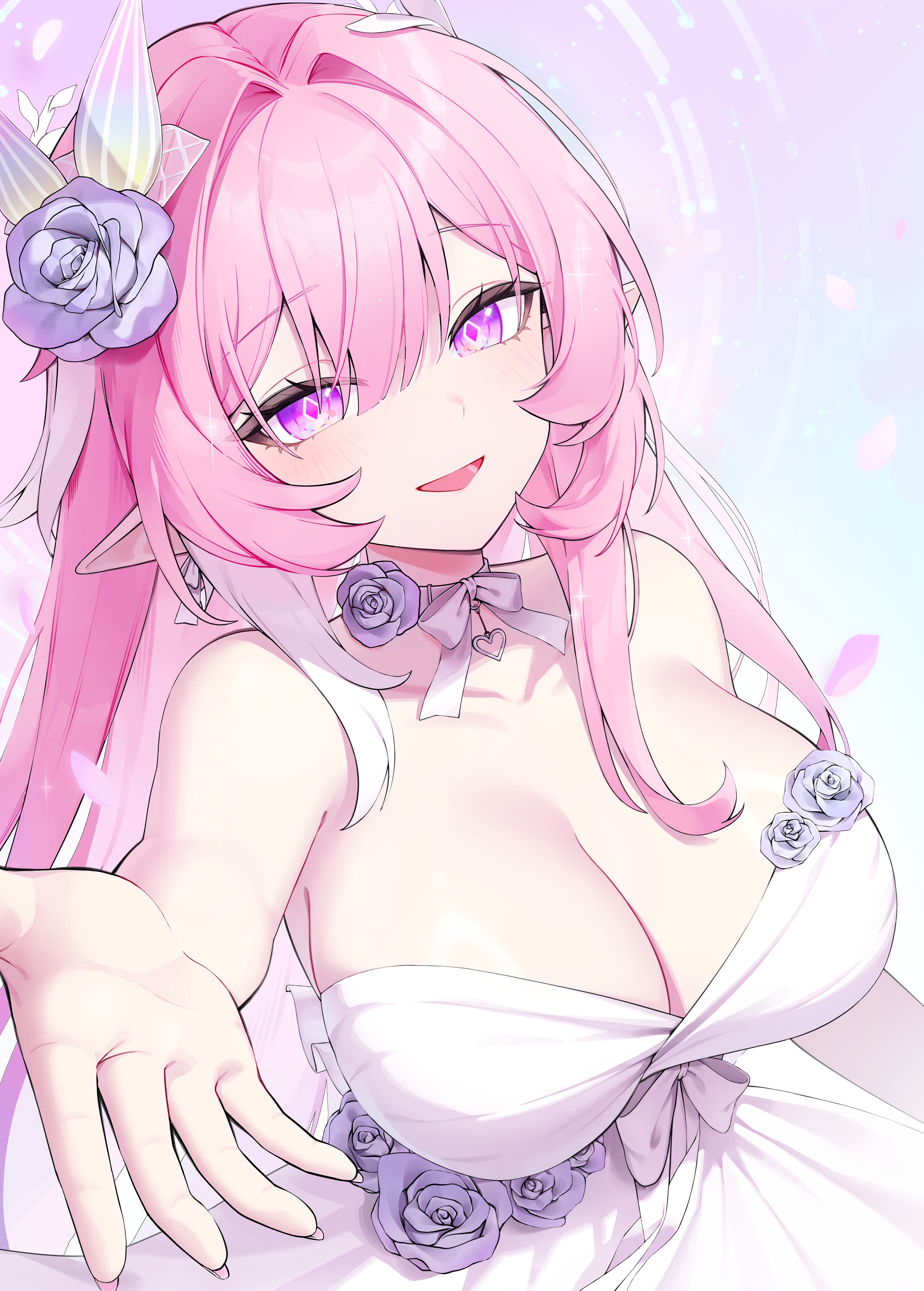 cyrene (demiurge) (honkai: star rail), cyrene (honkai: star rail), honkai: star rail, honkai (series), absurdres, commentary request, highres, korean commentary, 1girl, breasts, cleavage, diamond-shaped pupils, diamond (shape), dress, flower, hair flower, hair ornament, halo, kkochmanyeo, large breasts, long hair, looking at viewer, pink hair, pointy ears, purple eyes, reaching, reaching towards viewer, smile, solo, symbol-shaped pupils, very long hair, white dress
