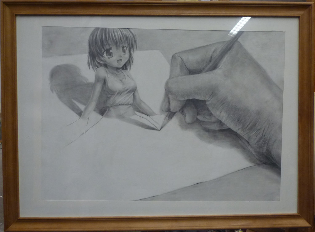 puyocha, drawing, photo (medium), traditional media, 1girl, dress, fine art parody, mini person, minigirl, monochrome, parody, pencil, short hair, sketch, smile, solo focus, sundress, wooden pencil