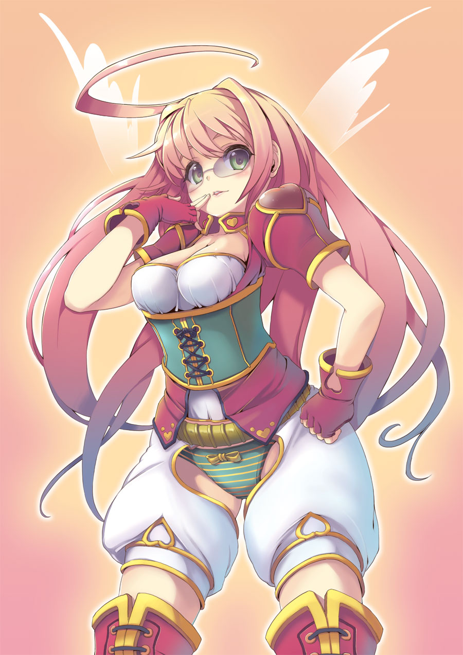 christinya, original, highres, 1girl, boots, breasts, cleavage, corset, female focus, finger to mouth, fingerless gloves, glasses, gloves, green eyes, large breasts, long hair, panties, pink hair, solo, striped clothes, striped panties, thigh boots, thighhighs, underwear