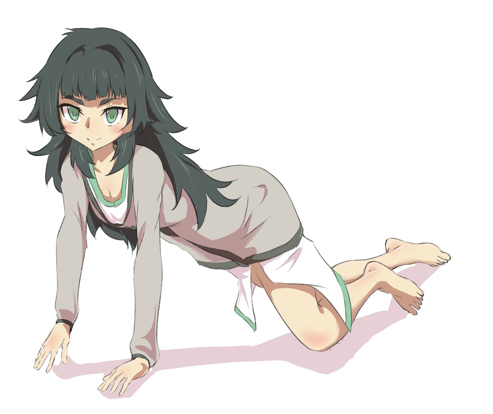 sadarann, hiyajou maho, science adventure, steins;gate, steins;gate 0, hashtag-only commentary, highres, 1girl, all fours, barefoot, blunt bangs, blush, full body, green eyes, green hair, jacket over dress, long sleeves, looking at viewer, messy hair, simple background, smile, solo, white background