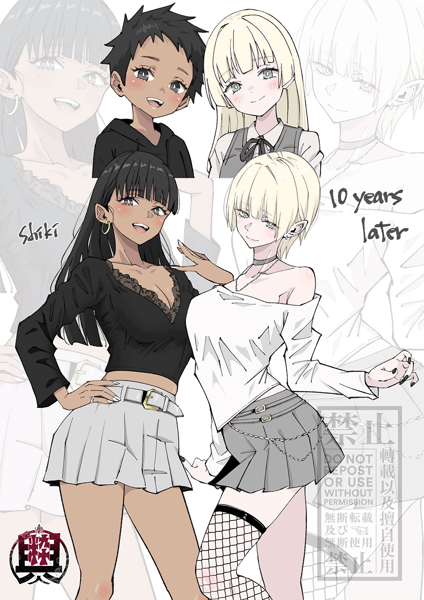 lakugali shiki, original, commentary request, highres, 2girls, :d, age progression, asymmetrical legwear, bare legs, bare shoulders, before and after, belt, black eyes, black hair, black nails, black shirt, blonde hair, blunt bangs, blush, breast press, breasts, chain, choker, cleavage, closed mouth, collarbone, dark-skinned female, dark skin, earrings, english text, fishnet thighhighs, fishnets, grey choker, grey eyes, grey skirt, hand on own hip, hoop earrings, jewelry, lace trim, large breasts, long hair, looking at viewer, medium breasts, messy hair, midriff, miniskirt, multiple girls, multiple views, nail polish, necklace, off-shoulder shirt, off shoulder, open mouth, pleated skirt, ring, shirt, short hair, simple background, single bare leg, single thighhigh, skirt, smile, spiked hair, straight hair, symmetrical docking, teeth, thighhighs, tomboy, upper teeth only, watermark, white nails, white shirt, zoom layer