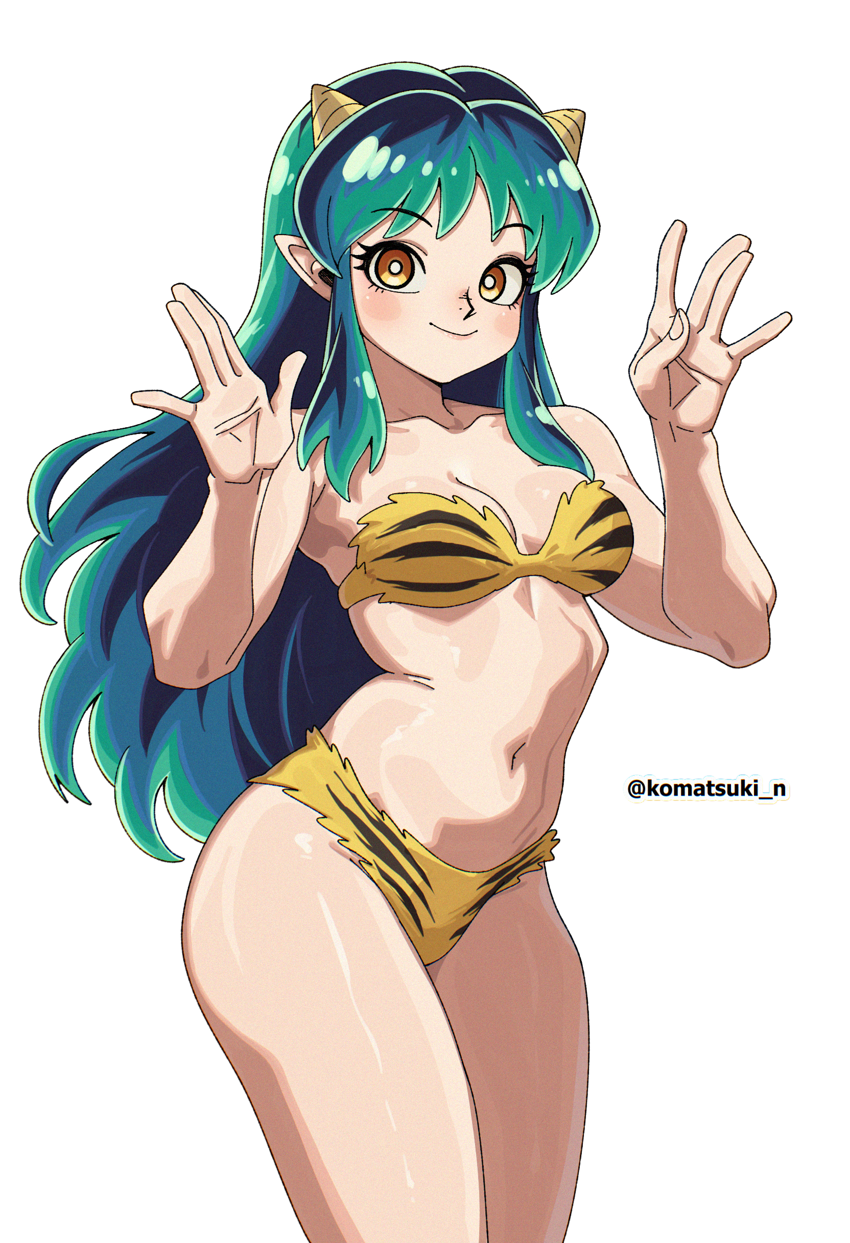 komatsuki n, lum, urusei yatsura, absurdres, bilingual commentary, commentary, highres, mixed-language commentary, 1girl, animal print, artist name, bikini, breasts, bright pupils, brown eyes, closed mouth, cowboy shot, green hair, hands up, horns, long hair, looking at viewer, medium breasts, navel, print bikini, simple background, smile, solo, stomach, strapless, strapless bikini, swimsuit, tiger print, twitter username, white background, white pupils, yellow bikini, yellow horns