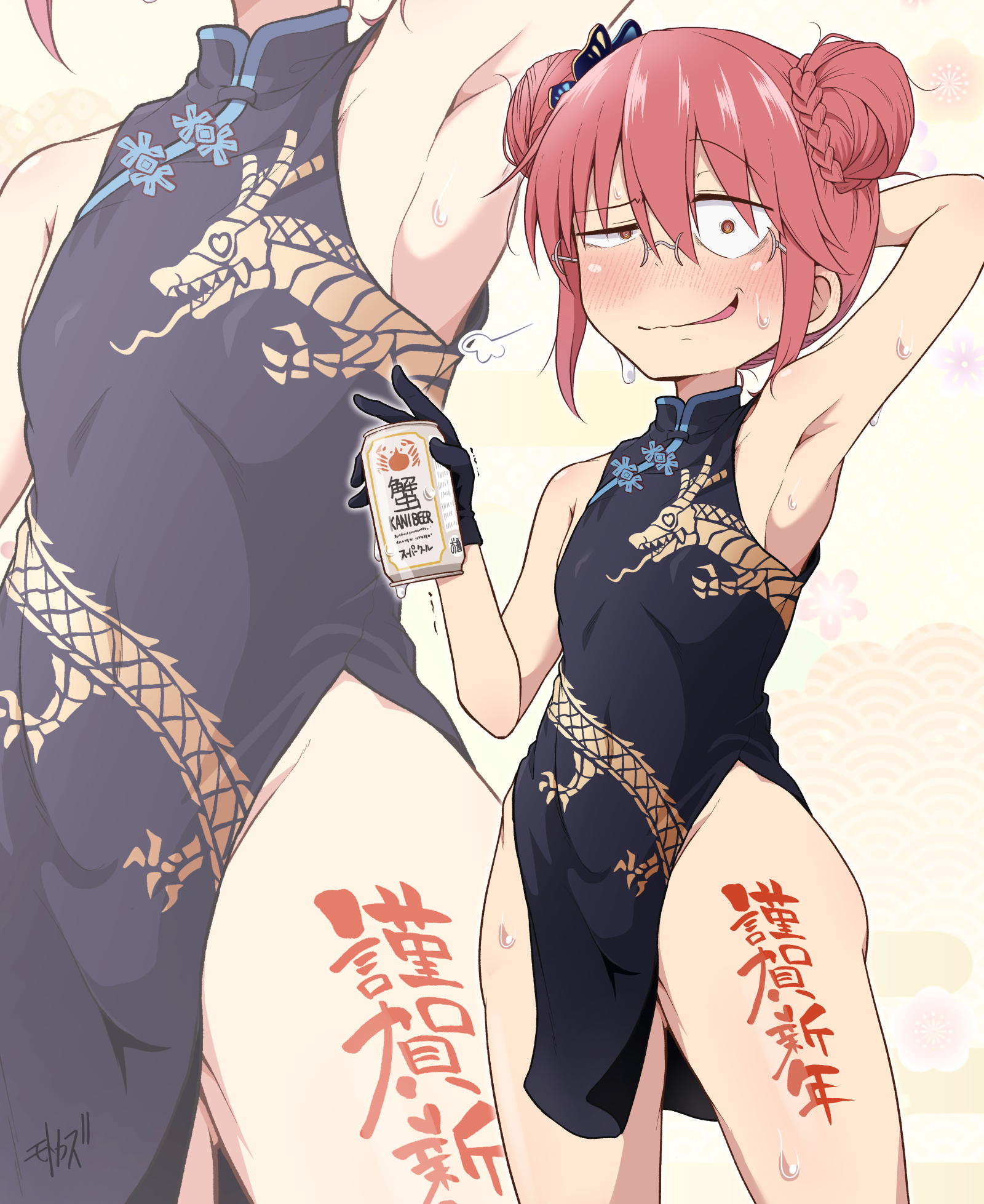motokazu (dontokodon), kisaki (blue archive), kobayashi (maidragon), blue archive, kobayashi-san chi no maidragon, commentary request, highres, translation request, 1girl, alcohol, armpits, beer, body writing, breasts, butterfly hair ornament, can, china dress, chinese clothes, cosplay, double bun, dress, glasses, hair bun, hair ornament, holding, holding can, kisaki (blue archive) (cosplay), looking at viewer, pelvic curtain, red eyes, red hair, short hair, sleeveless, sleeveless dress, small breasts, solo, zoom layer