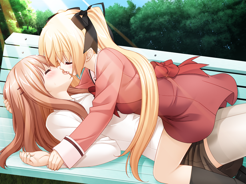kani biimu, houraisen runa, suminoe takako, fuguriya, sono hanabira ni kuchizuke wo, game cg, 2girls, age difference, arm behind head, bench, blonde hair, blush, breasts, brown hair, closed eyes, couple, day, girl on top, hair ornament, hair ribbon, hairclip, kiss, legs, light rays, loli, long hair, lying, multiple girls, onee-loli, open mouth, outdoors, pantyhose, ribbon, school uniform, skirt, sunbeam, sunlight, teacher and student, thighhighs, thighs, tongue, twintails, yuri