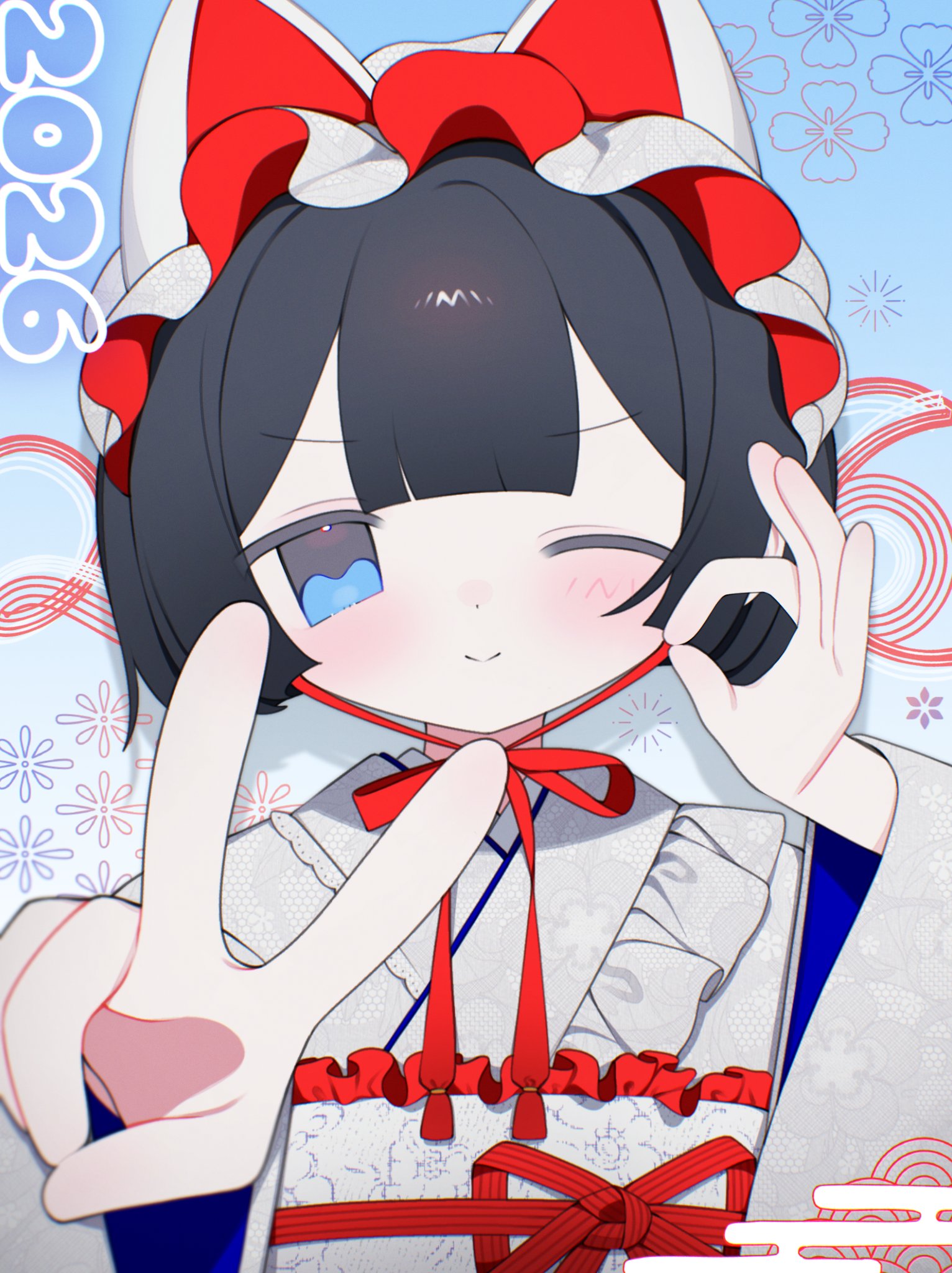 original, commentary request, highres, 1girl, 2026, animal ears, black hair, blue eyes, bonnet, cat ears, closed mouth, frilled bonnet, frilled kimono, frills, japanese clothes, kimono, looking at viewer, obi, ok sign, one eye closed, sakakiai, sash, short hair, smile, solo, upper body, v