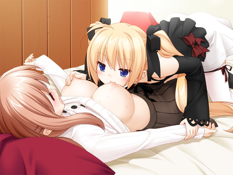 kani biimu, houraisen runa, suminoe takako, fuguriya, sono hanabira ni kuchizuke wo, game cg, 2girls, age difference, blonde hair, blue eyes, blush, breast sucking, breasts, brown hair, closed eyes, clothes lift, detached sleeves, girl on top, hair ornament, hairclip, holding another's wrist, large breasts, loli, long hair, lying, multiple girls, naughty face, nipple stimulation, nipple tweak, nipples, no bra, on back, onee-loli, pleated skirt, ribbon, shirt lift, skirt, teacher and student, twintails, yuri