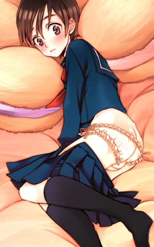 kumonosuke, czeslaw meyer, baccano!, ribbed legwear, 00s, 1boy, androgynous, ass, black socks, bow, bow panties, brown eyes, brown hair, clothes pull, crossdressing, crossdressing (mtf), frilled panties, frills, lying, male focus, on side, panties, school uniform, serafuku, short hair, skirt, skirt pull, socks, solo, trap, underwear