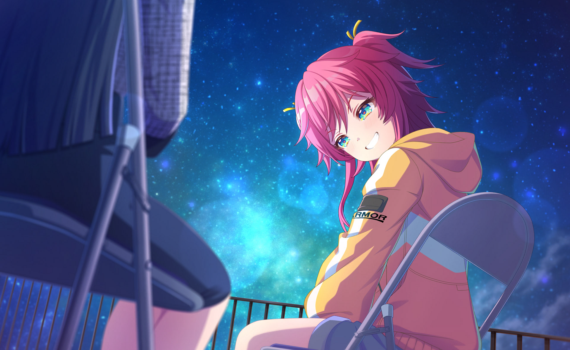 wang xue, world dai star, commentary request, game cg, highres, official art, third-party source, 1girl, bicycle, blue eyes, blurry, blurry foreground, blush, depth of field, from behind, grin, hair between eyes, hood, hood down, hoodie, jacket, looking at viewer, looking back, night, outdoors, pink hair, sitting, sky, smile, solo, star (sky), starry sky