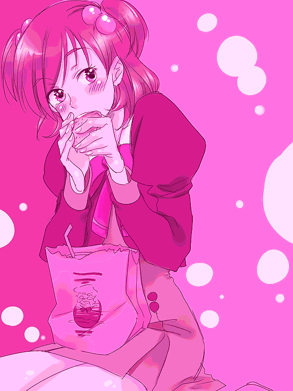 kumonosuke, yumehara nozomi, precure, yes! precure 5, 00s, 1girl, crossdressing, crossdressing (ftm), eating, eyelashes, female focus, food, hair ornament, monochrome, pink background, pink theme, school uniform, short hair, sitting, skirt, solo, trap, twintails, two side up