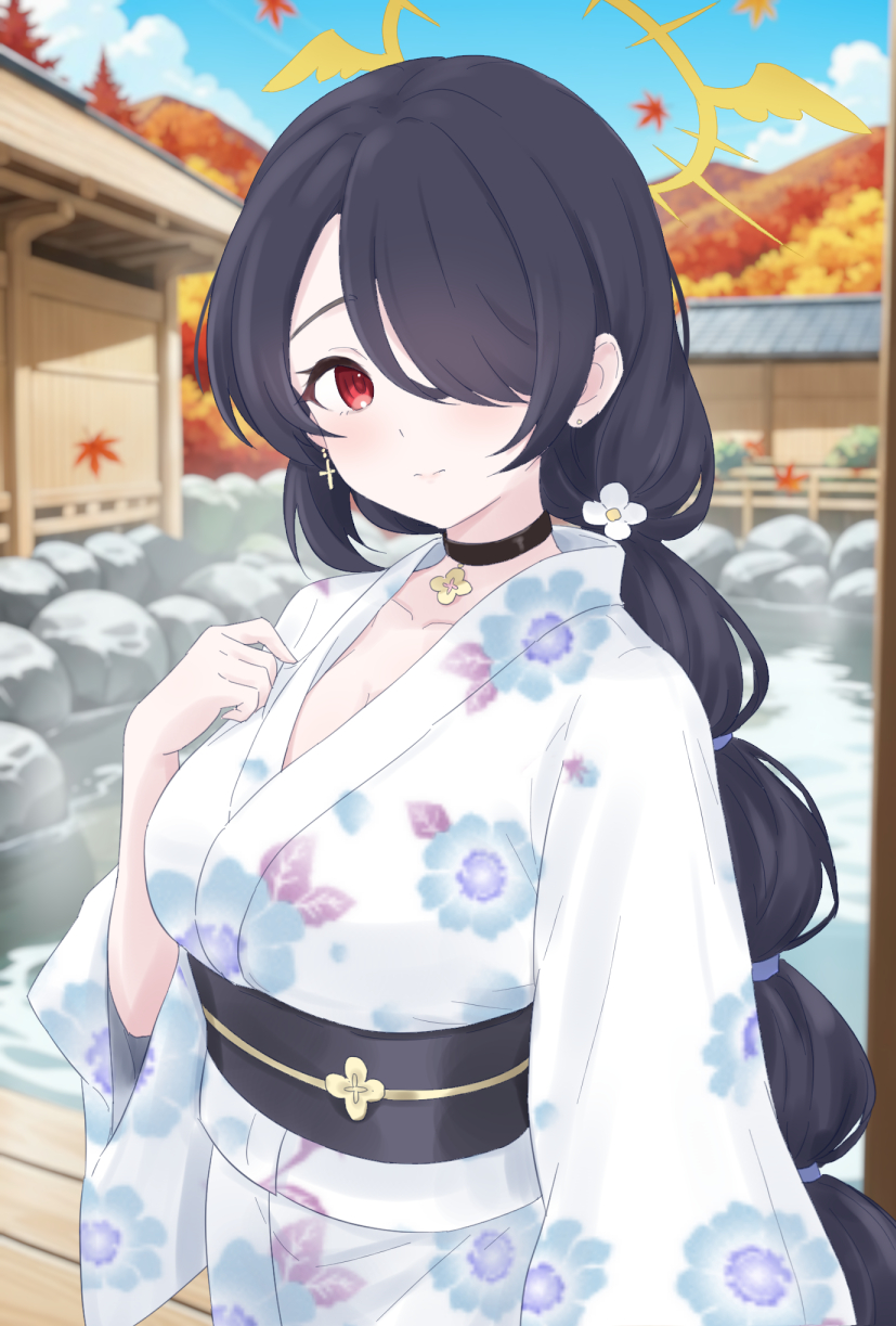teina, hinata (blue archive), blue archive, highres, 1girl, autumn, autumn leaves, black choker, black hair, black sash, blurry, blurry background, breasts, choker, closed mouth, collarbone, cross, cross earrings, day, earrings, falling leaves, floral print, flower, hair flower, hair ornament, hair over one eye, halo, hand on own chest, hand up, japanese clothes, jewelry, kimono, large breasts, leaf, long hair, long sleeves, looking at viewer, low ponytail, mountain, one eye covered, onsen, outdoors, pendant choker, ponytail, print kimono, red eyes, rock, sash, solo, steam, swept bangs, upper body, very long hair, white kimono, wide sleeves, winged halo, yellow halo