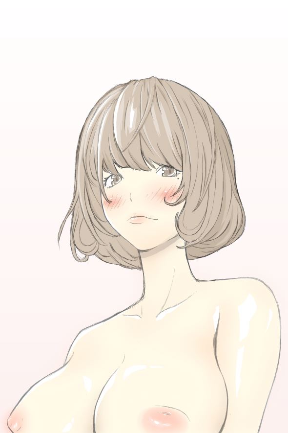 aoki yuriko, bakuman, artist request, tagme, 1girl, bare shoulders, blush, breasts, brown eyes, brown hair, facing viewer, female focus, gradient background, inverted nipples, lips, looking at viewer, matching hair/eyes, medium breasts, mole, mole under eye, nipples, short hair, simple background, solo, topless frame, upper body