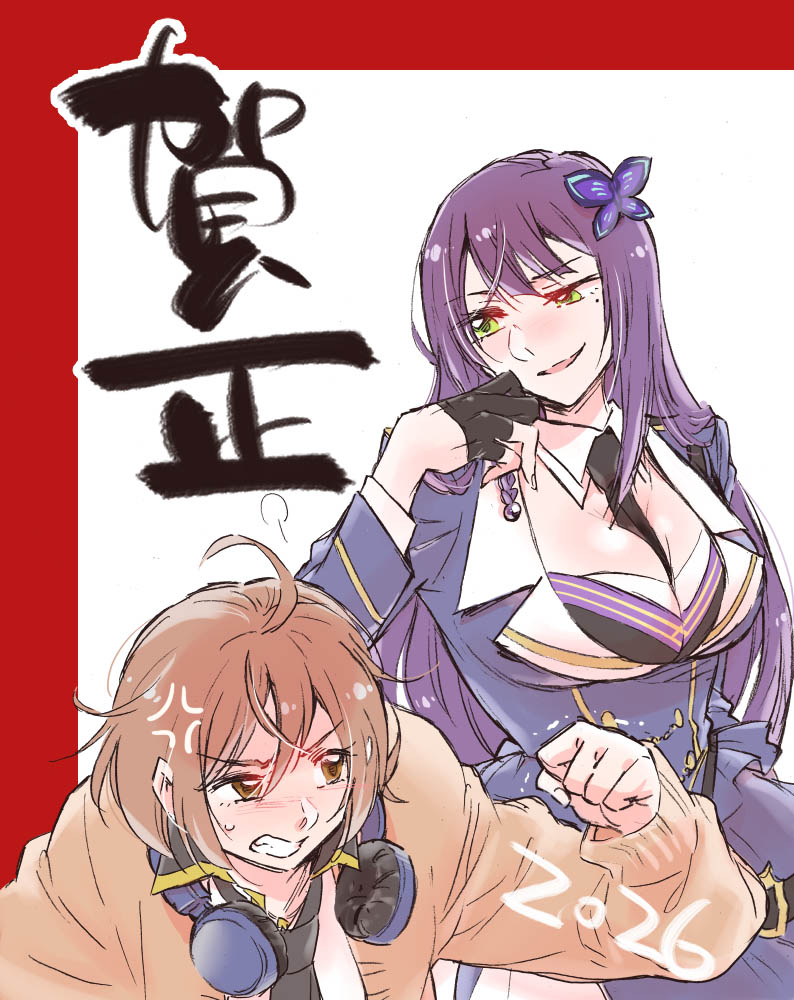 santouka, funada kiito, kawamura yuzuriha, assault lily, commentary request, translated, 2026, 2girls, ahoge, anger vein, annoyed, between breasts, black gloves, black necktie, blue jacket, blue skirt, braid, breasts, brown cardigan, brown eyes, brown hair, butterfly hair ornament, cardigan, clenched hand, clenched teeth, cowboy shot, detached collar, epaulettes, gloves, hair between eyes, hair ornament, half gloves, hand on own cheek, hand on own face, hand up, happy new year, headphones, headphones around neck, jacket, jewelry, large breasts, long hair, long sleeves, looking at another, looking down, looking to the side, mole, mole under eye, multiple girls, necklace, necktie, necktie between breasts, nengajou, new year, odaiba girls high school uniform, open cardigan, open clothes, parted lips, partially fingerless gloves, puff of air, purple hair, red background, school uniform, shirt, short hair, side braid, sideways glance, single braid, skirt, smirk, sweatdrop, teeth, two-tone background, uneven eyes, v-shaped eyebrows, very long hair, white shirt