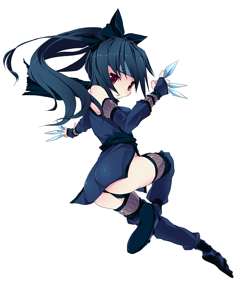 sakurano miya, original, 1girl, ass, black hair, brown eyes, female focus, fishnet thighhighs, fishnets, forehead protector, kunai, long hair, looking back, ninja, ponytail, solo, thighhighs, weapon