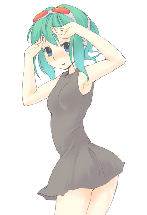 gk, gumi, vocaloid, bad id, bad pixiv id, 1girl, aqua hair, armpits, ass, blue eyes, blush, female focus, looking back, short hair, solo, sunglasses