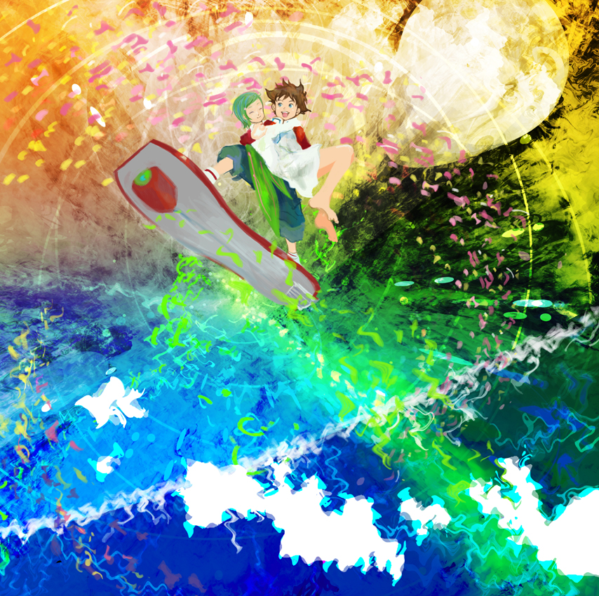 kazaana, eureka (eureka seven), renton thurston, eureka seven, eureka seven (series), bad id, bad pixiv id, traditional media, 00s, 1boy, 1girl, abstract, barefoot, carrying, couple, dress, hetero, princess carry, psychedelic