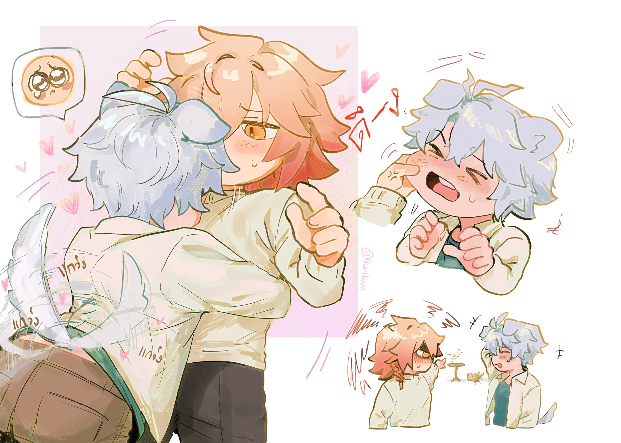 mydei (honkai: star rail), phainon (honkai: star rail), honkai: star rail, honkai (series), commentary, highres, 2boys, animal ears, antenna hair, black choker, blonde hair, blue eyes, blush, braid, cheek pinching, choker, collared shirt, dog boy, dog ears, dog tail, gradient hair, maiikun, male focus, medium hair, multicolored hair, multiple boys, parted bangs, pinching, red hair, shirt, short hair, side braid, sweater, tail, tail wagging, white hair, white shirt, white sweater, yaoi, yellow eyes