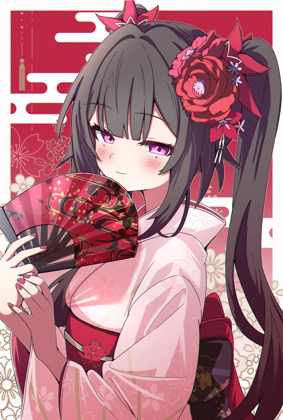 sasanekomaru, sparkle (honkai: star rail), honkai: star rail, honkai (series), commentary request, highres, 1girl, black hair, blunt bangs, blush, border, closed mouth, flower, hair flower, hair ornament, hand fan, holding, holding fan, japanese clothes, kimono, long hair, long sleeves, looking at viewer, nail polish, obi, outside border, pink eyes, pink kimono, red background, red flower, red nails, red rose, red sash, rose, sash, smile, solo, twintails, upper body, white border, wide sleeves