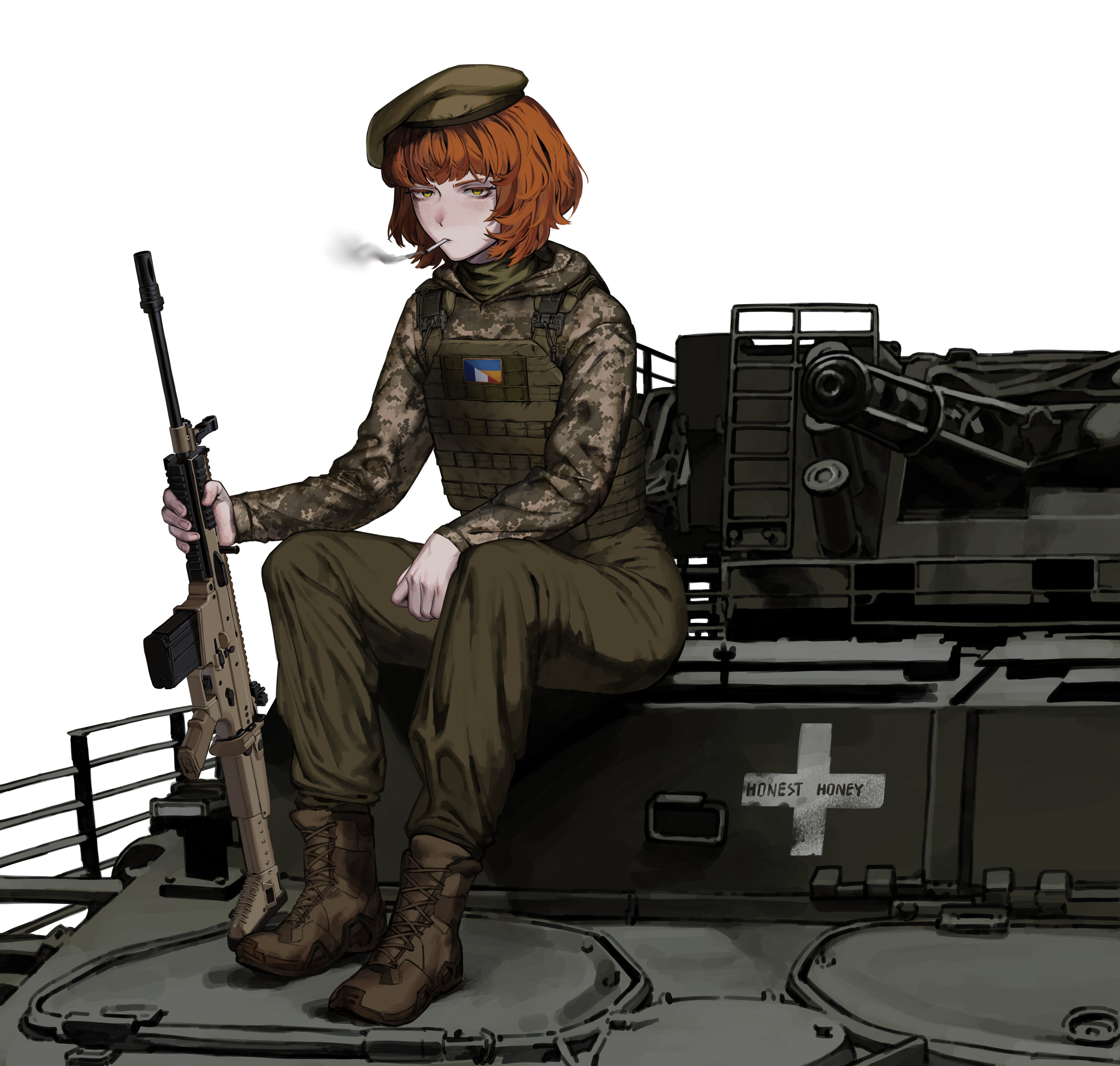original, absurdres, commentary, english commentary, highres, 1girl, aircraft, airplane, armored personnel carrier, armored vehicle, army, assault rifle, battle rifle, beret, bulletproof vest, camouflage, cigarette, curly hair, digital camouflage, expressionless, flag patch, fn scar, french flag, full body, green eyes, gun, h0nesth0ney, hat, holding, holding gun, holding weapon, looking at viewer, military, military combat uniform, military uniform, military vehicle, mm14, motor vehicle, natalie (qvit11), on tank, patch, rifle, russo-ukrainian war, scarf, sitting, smoke, smoke trail, smoking, soldier, ukrainian flag, vehicle focus, weapon