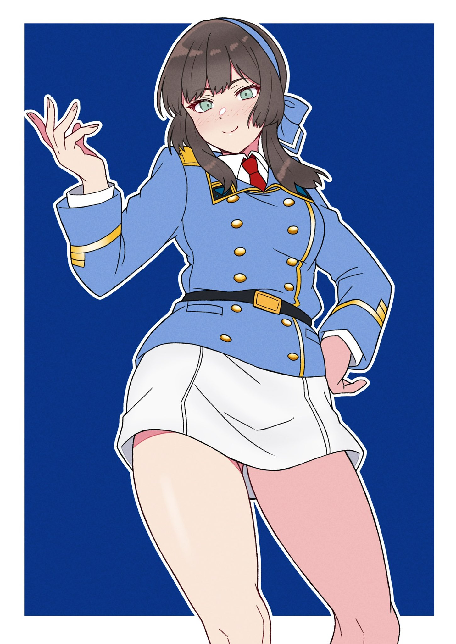 nanafumi (nanafumino), mogador (kancolle), kantai collection, commentary request, highres, 1girl, blue background, blue hairband, blue jacket, blue ribbon, breasts, brown hair, cowboy shot, freckles, green eyes, hairband, jacket, long hair, looking at viewer, military uniform, ribbon, shirt, solo, white shirt