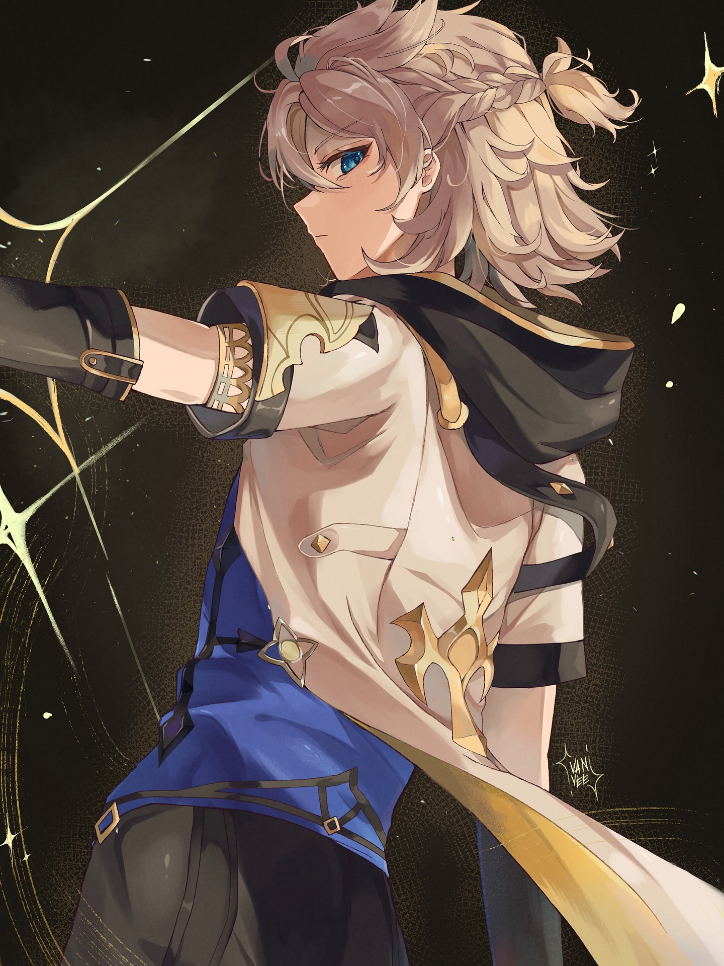 vanillashiii, albedo (genshin impact), genshin impact, commentary, english commentary, highres, 1boy, artist name, black gloves, black pants, blonde hair, blue eyes, blue shirt, braid, closed mouth, elbow gloves, from behind, gloves, hair between eyes, hood, hood down, hooded jacket, jacket, looking at viewer, looking back, male focus, medium hair, pants, shirt, short sleeves, solo, white jacket