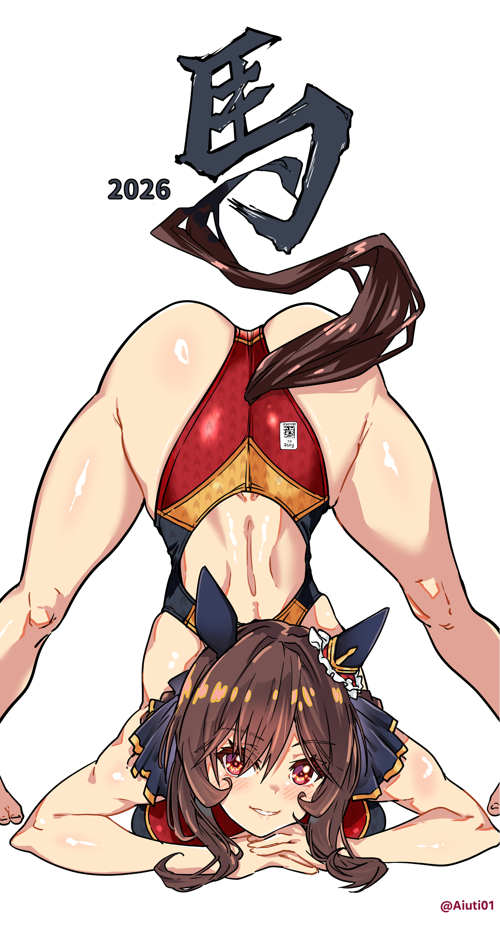 aiuti, gentildonna (umamusume), umamusume, absurdres, commentary request, highres, translation request, variant set, 1girl, 2026, alternate costume, animal ears, artist name, ass, back cutout, bare arms, barefoot, biceps, blush, braid, braided hair rings, brown hair, brown tail, clothing cutout, competition swimsuit, ear ornament, hair rings, heart ear ornament, highleg, highleg one-piece swimsuit, horse ears, horse girl, horse tail, jack-o' challenge, legs apart, long hair, looking at viewer, multicolored swimsuit, one-piece swimsuit, red eyes, red one-piece swimsuit, sidelocks, simple background, smile, solo, swimsuit, tail, thighs, toes, top-down bottom-up, white background