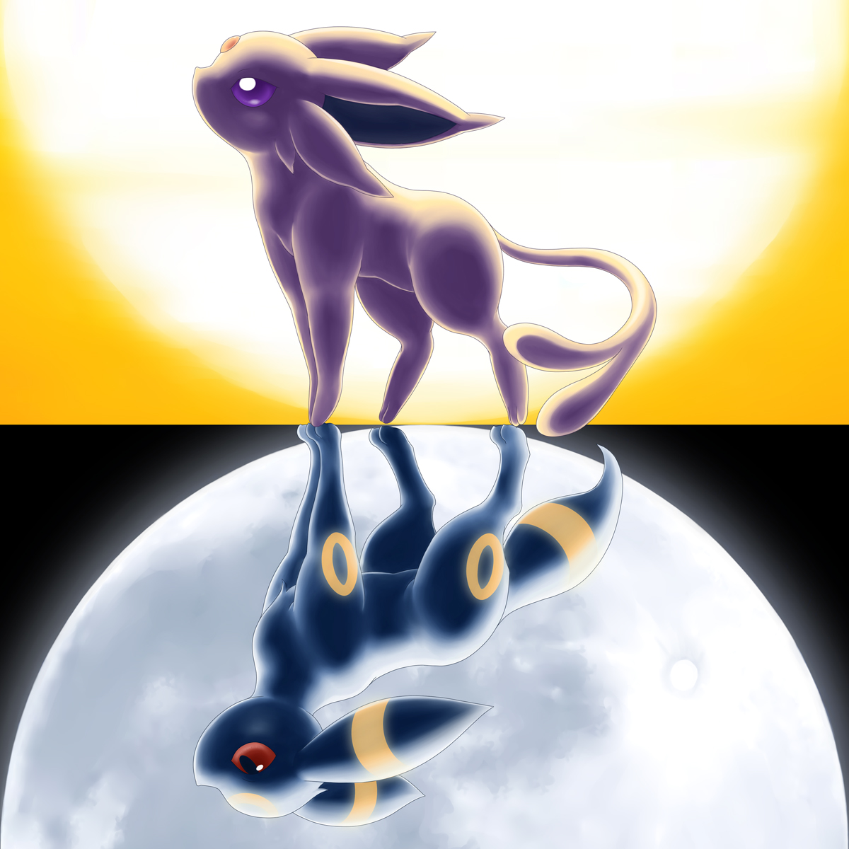 tsuji, espeon, umbreon, nintendo, pokemon, pokemon gsc, highres, 1990s (style), full moon, gen 2 pokemon, mirror opposites, moon, night, no humans, pokemon (creature), polar opposites, retro artstyle, sun, tail