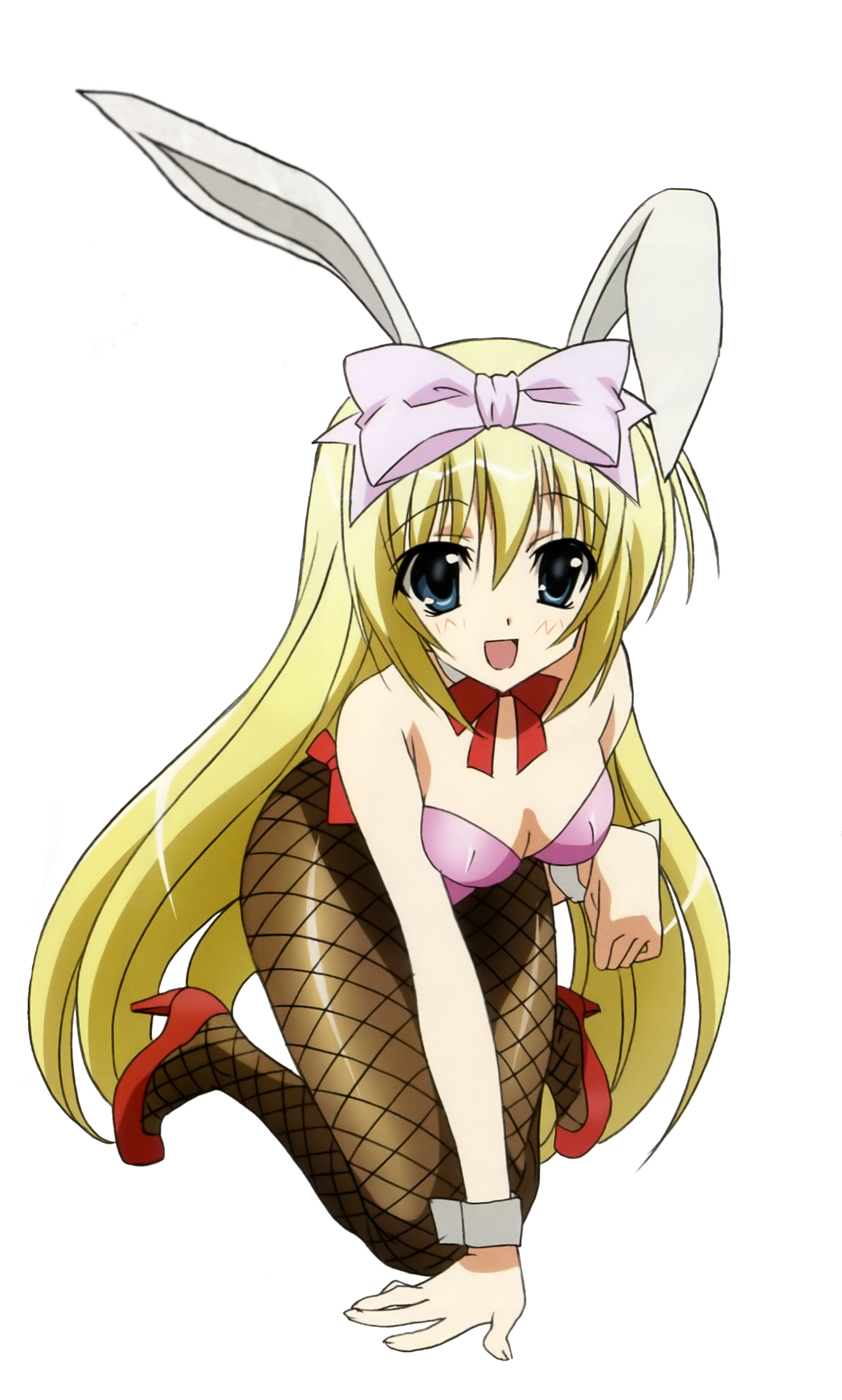 morimoto hirofumi, shiina mafuyu, seitokai no ichizon, absurdres, highres, non-web source, 00s, 1girl, animal ears, blonde hair, blue eyes, blush, bow, breasts, cleavage, fake animal ears, female focus, fishnet pantyhose, fishnets, full body, hair bow, long hair, open mouth, pantyhose, playboy bunny, rabbit ears, shoes, solo, transparent background, very long hair, wrist cuffs