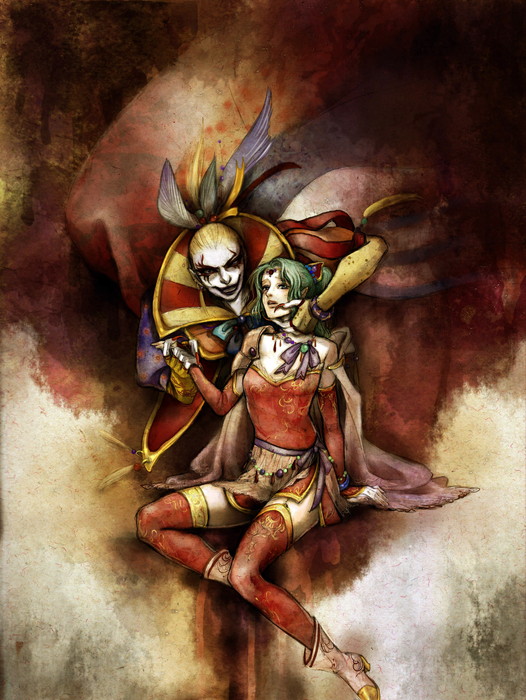 jurithedreamer, cefca palazzo, tina branford, final fantasy, final fantasy vi, 1990s (style), 1boy, 1girl, blonde hair, boots, cape, couple, detached sleeves, green eyes, green hair, high heels, long hair, lying, shoes, thighhighs, tiara