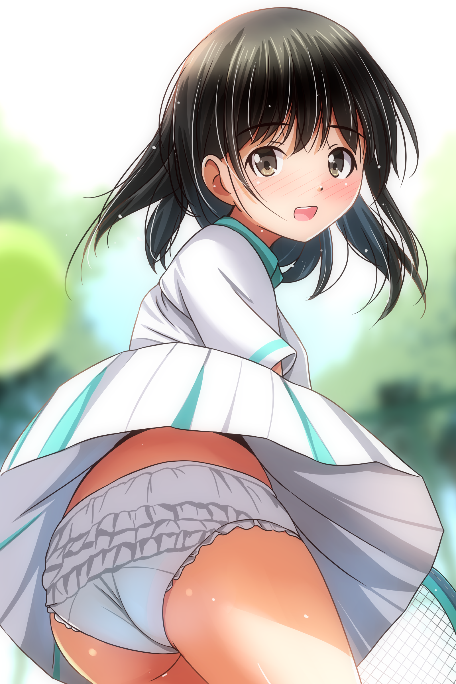 matsunaga kouyou, original, absurdres, commentary request, highres, 1girl, :d, ass, black hair, blurry, blurry background, blush, brown eyes, frilled panties, frills, looking at viewer, medium hair, miniskirt, open mouth, panties, pantyshot, racket, shirt, short sleeves, skirt, smile, solo, sportswear, teeth, tennis racket, tennis uniform, underwear, upper teeth only, upskirt, white panties, white shirt, white skirt, wind, wind lift